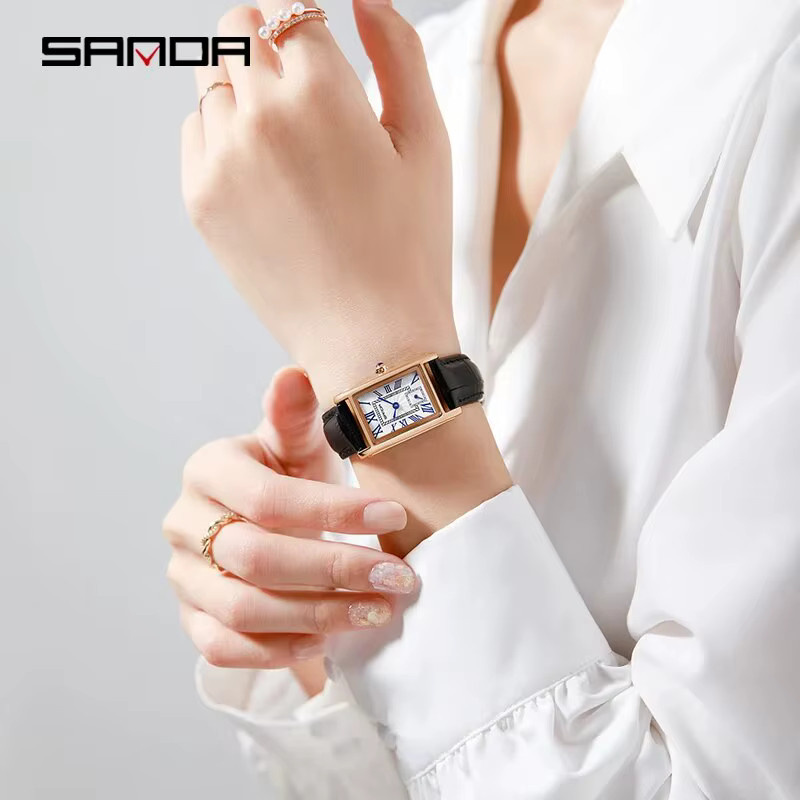 SANDA Armbanduhr, Quarz, rechteckig, Leder, Gold, Weiß, Damen - Bild 4