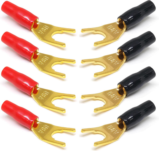 8er Set Gold Überzogene Bananenstecker in Y- und U-Form für Lautsprecherkabel und Stromanschlüsse - Bild 1