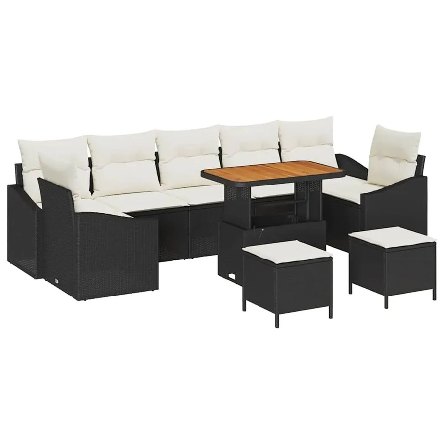 vidaXL 10-teiliges Garten-Sofaset aus Polyrattan und Akazie mit Kissen und Ottoman in Schwarz und Weiß - Bild 2