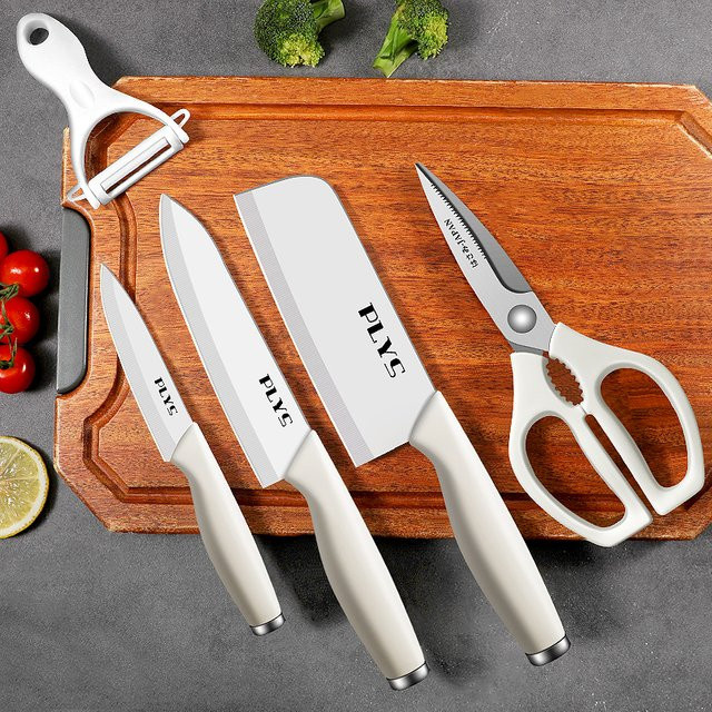 5-teiliges PLYS Küchenmesserset aus weißer Keramik mit Fleischbeil, Hackmesser, Gemüsemesser, Kochmesser und Obstmesser - Bild 1
