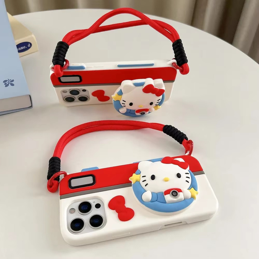 Sanrio Hello Kitty Handyhülle mit Kamera-Lanyard aus weichem Silikon für iPhone 16, 15, 14, 13 Pro Max, 3D-Design, Mehrfarbig - Bild 3