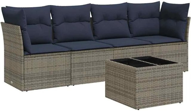 vidaXL 5-tlg Garten-Sofagarnitur in L-Form aus grauem PE-Rattan mit Tisch und Kissen - Bild 1