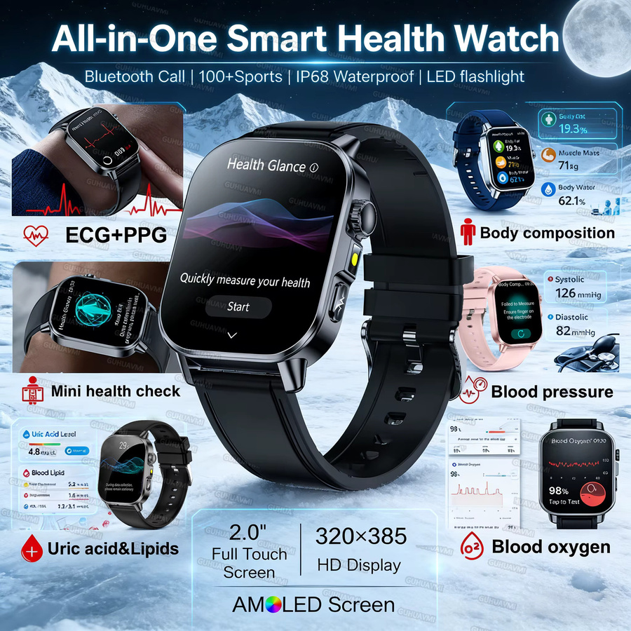 GUHUAVMI Smartwatch mit Harnsäure- und Lipid-Gesundheitsanalyse, EKG, PPG, Bluetooth-Anruf und 2,01 Zoll LED-Taschenlampe für Herren und Damen in Schwarz und Pink - Bild 2