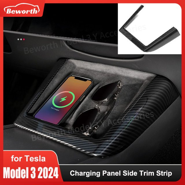 Carbon Fiber Zubehör für Tesla Modell 3 Highland 2024: Drahtlose Lade-Panel Seitenleisten Dekoration in Schwarz - Bild 1
