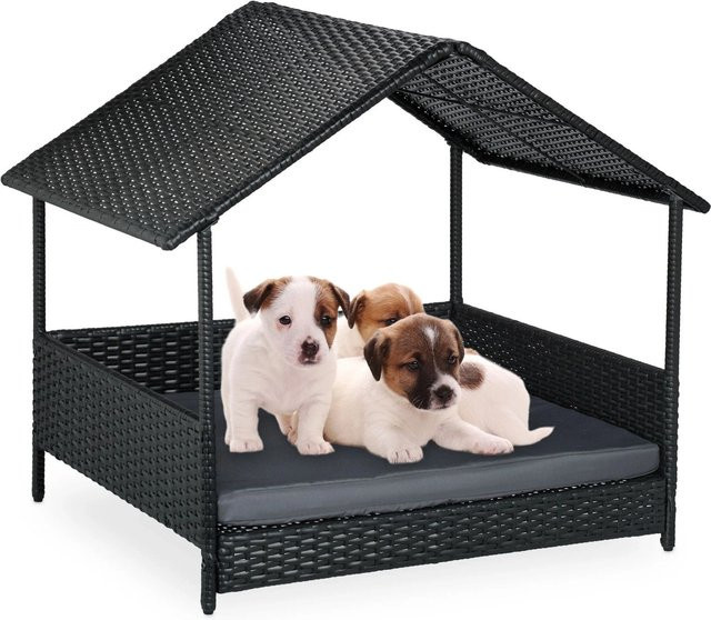 Relaxdays Hundeliege aus Polyrattan mit Dach in Anthrazit, B/T/H: 81 x 90 x 68 cm - Bild 1