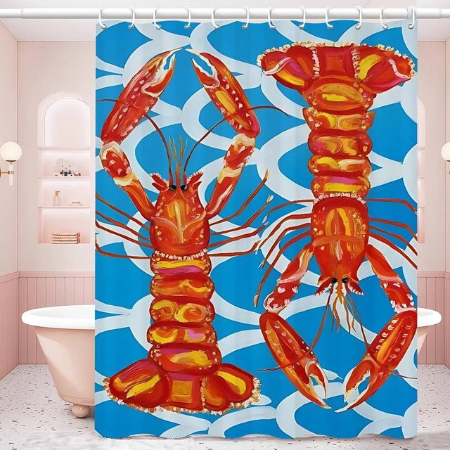 Wasserdichter Duschvorhang mit Sardine und Hummer Motiv in Multicolour von Supermarket GO, B/H: 200 x 180 cm - Bild 1