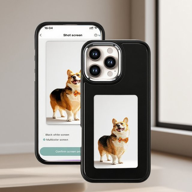Aermy DIY E-Ink-Bildschirm-Telefonhülle mit NFC für iPhone 15, 14 und 13 Pro Max, 3,7 Zoll Display, Schwarz - Bild 1
