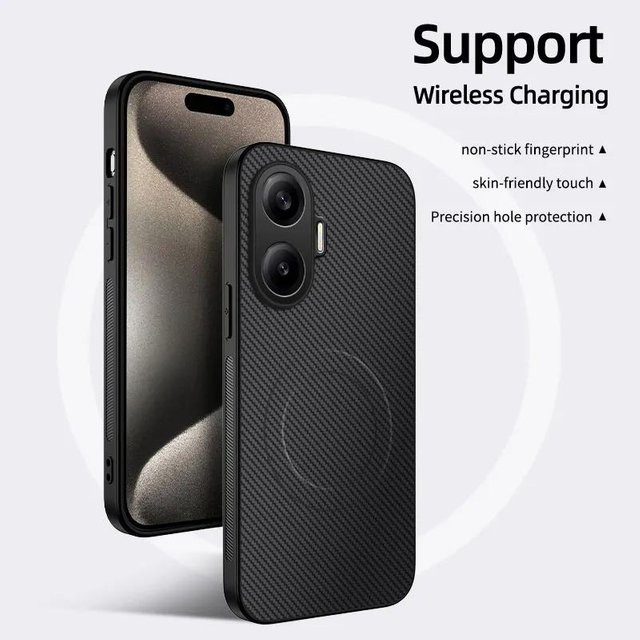Magnetische Handyhülle für Xiaomi POCO F7 in Schwarz mit Kohlefaser Leder Matt Textur und kabelloser Ladefunktion - Bild 1