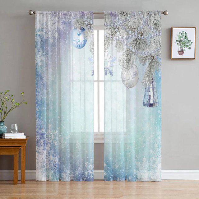 Yiran Furniture Transparente Voile Tüll Vorhänge mit Weihnachts-Motiv Elch Kiefer und Beeren, Blau, Breite: 135 cm, Höhe: 115 cm - Bild 1