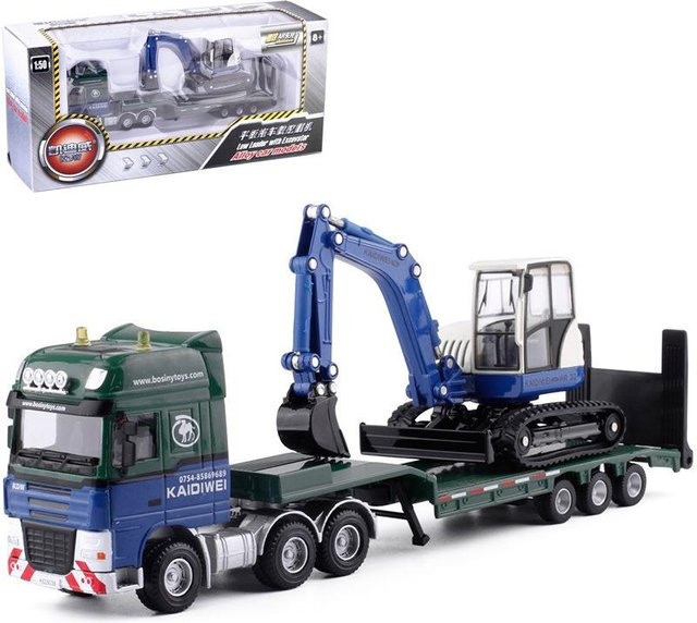 Binchi Keji Travel Tieflader mit Bulldozer Sattelanhänger, Modell Spielzeugauto, 1:50, Metall, Grau, ab 4 Jahren - Bild 1