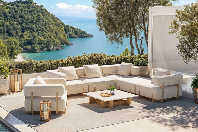 PLOSS Epoque L Gartenlounge in Beige mit Polstern aus Aluminium, Polyester und Schaumstoff - Bild 1