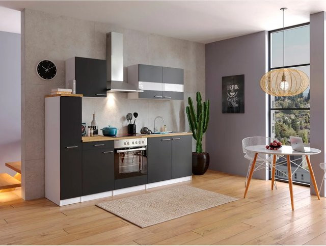 Respekta Küchenzeile KB240WSC in Weiß und Schwarz mit Soft-Close-Türen und Glaselementen, B/T/H: 240 x 60 x 60 cm - Bild 1
