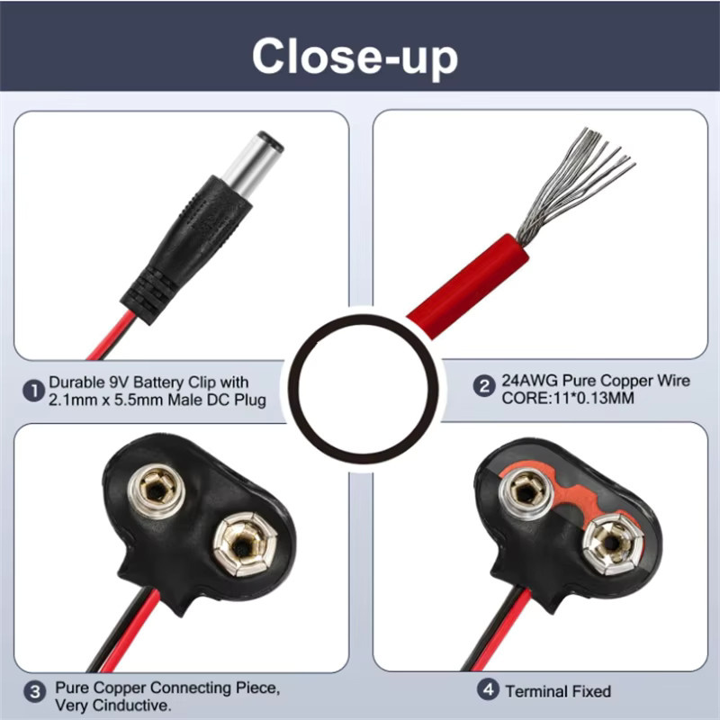 AOKIN 10er Set 9V Batterie Clip Stecker mit DC Barrel Plug und Krokodilklemmen in Schwarz - Bild 4