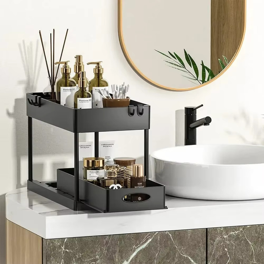 GENGSHENG 2-stufiger Organizer unter dem Waschbecken in Schwarz mit Haken und Aufbewahrungskorb für Badezimmer und Küche - Bild 5