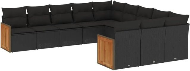 vidaXL 11-tlg. Garten-Sofagarnitur aus Poly-Rattan in Schwarz mit Kissen und Akazienholz - Bild 1