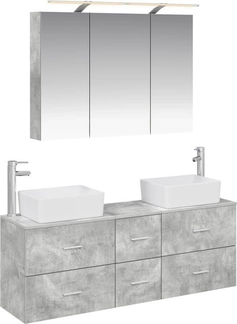 vidaXL Badezimmermöbel-Set 4-teilig in Betongrau mit Ingenieurholz, Glas und LED-Beleuchtung - Bild 1