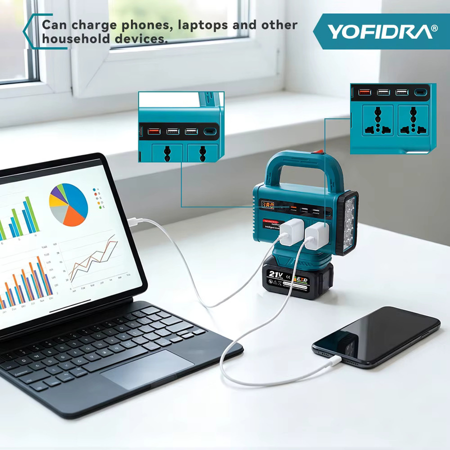 YOFIDRA 6-in-1 Akku-Stromwechselrichter mit USB-Typ-C-Steckdose und LED-Licht, kompatibel mit Makita-Akkus, Notstromversorgung für den Außenbereich - Bild 3