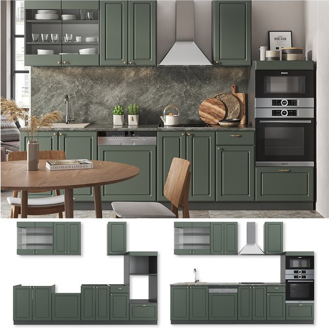 Vicco Küchenzeile Fame-Line Landhausstil in Anthrazit Grün Gold, Breite: 300 cm - Bild 1