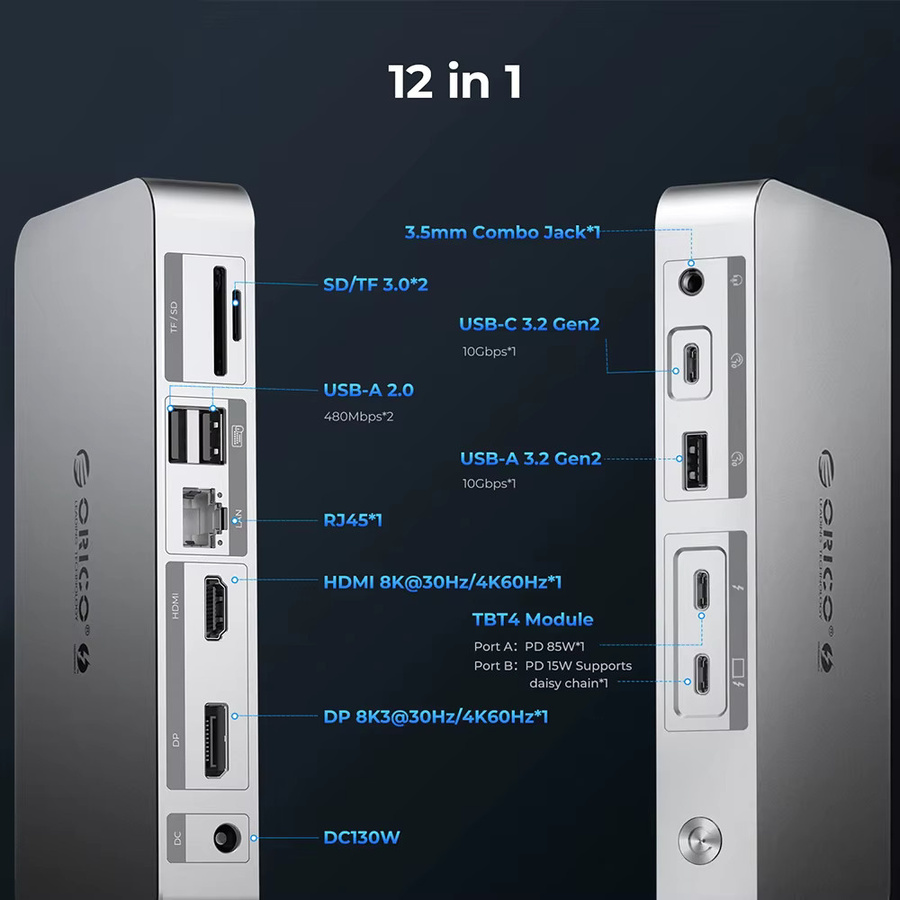 ORICO 12 in 1 USB-C Docking Station mit 40 Gbit/s, Thunderbolt 4 kompatibel, HDMI, RJ45 und Kartenleser, Farbe: Silber - Bild 4