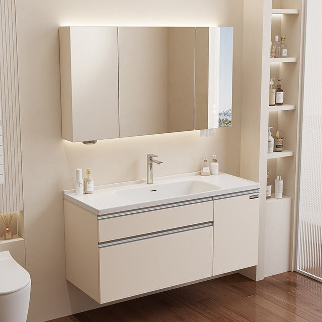 Moderner Badezimmerschrank OAKCIA in Beige mit integriertem Keramikwaschbecken, LED-Beleuchtung und Wandmontage - Bild 1
