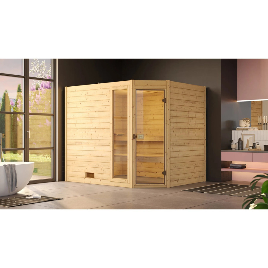 WEKA Ecksauna Valida Eck 3 aus Fichtenholz mit Glastür in Beige, B/H/T: 239 x 203,5 x 189 cm - Bild 2