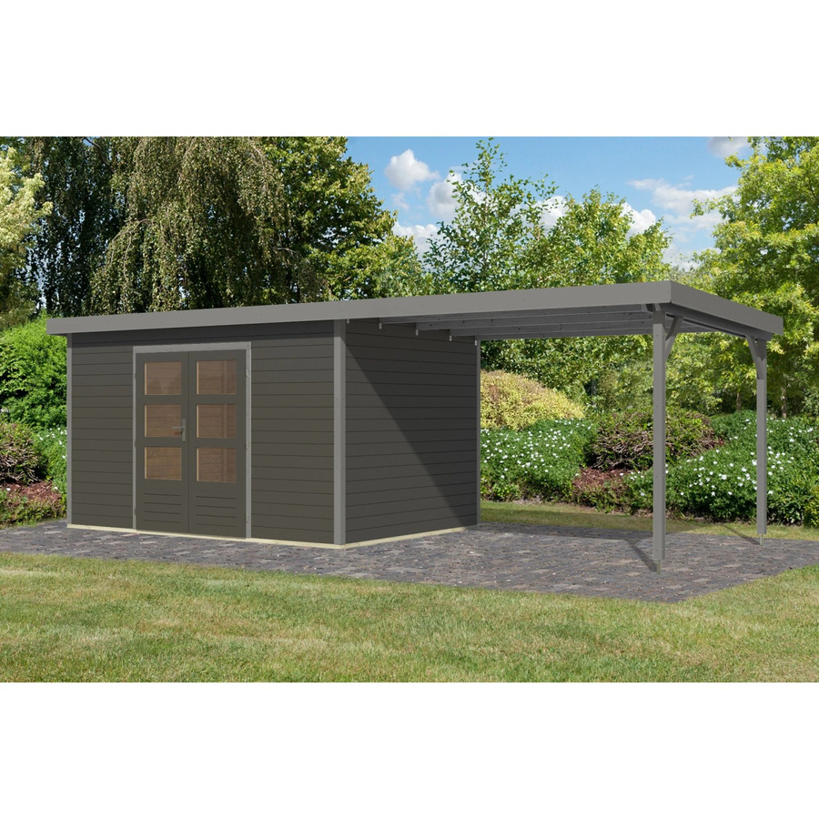 Karibu Gartenhaus Domingo mit Anbaudach in Terragrau/Grau, B/T/H: 219 x 360 x 240 cm - Bild 2