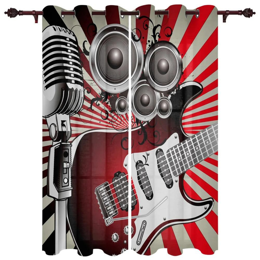 Yiran Furniture Vorhänge mit Musikbühnenlautsprecher und E-Gitarre Motiv, 2er-Set, halbtransparent, Polyester, B: 60 cm, H: 100 cm - Bild 2
