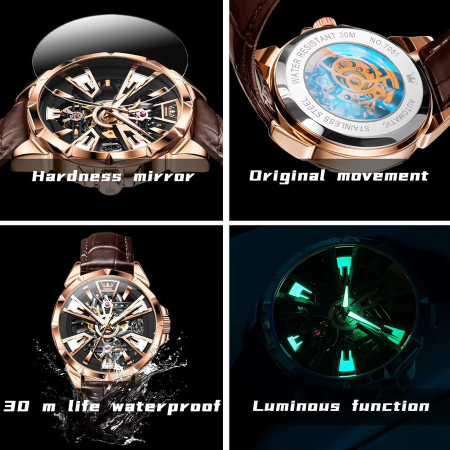 OLEVS Armbanduhr Automatik, Edelstahl, Leder, Schwarz, Herren - Bild 6