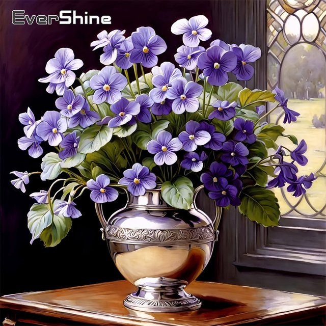 EverShine Diamant-Mosaik DIY-Stickerei mit lila Blumen und Gänseblümchen in Vase, quadratisches Strass-Bild zur Heimdekoration, B/H: 20 x 20 cm - Bild 1