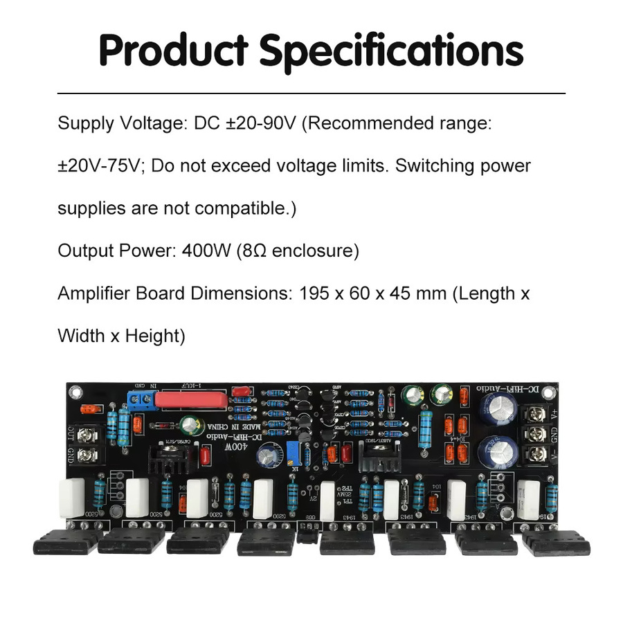 Einkanal-Leistungsverstärker mit 1943+5200 Chips für DC 20V-90V, Hochleistungs-Audioverstärker mit bis zu 500W - Bild 2