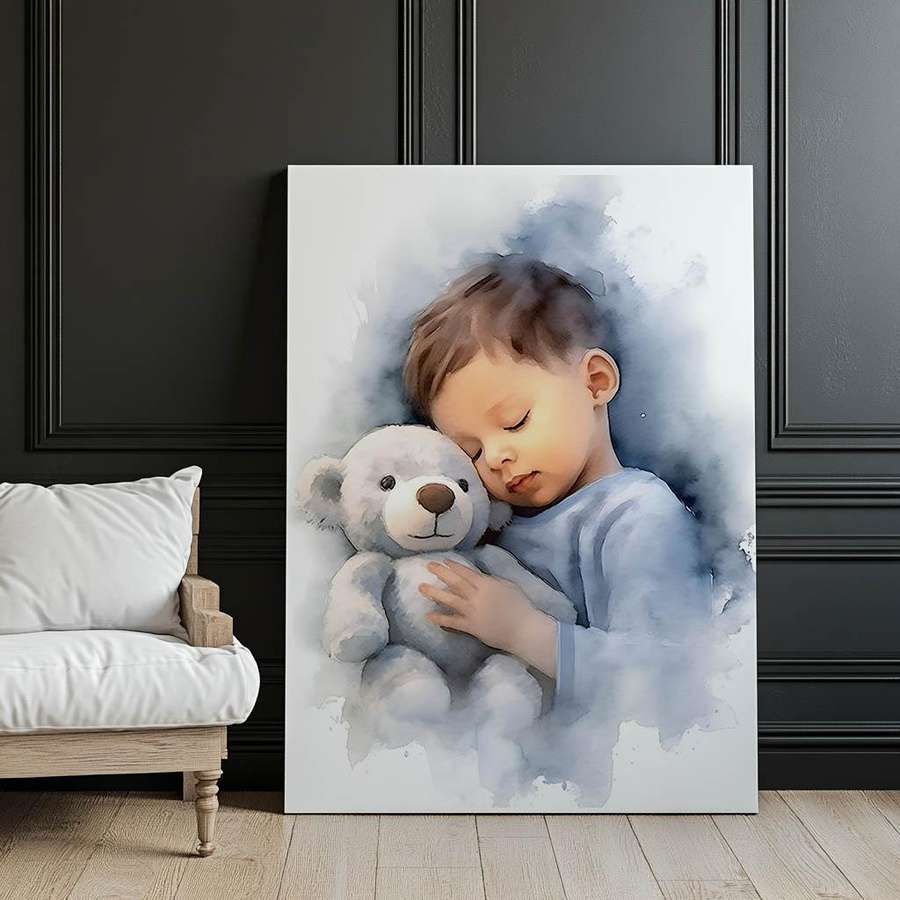 Wandbild Junge mit Kuschelbär von Marcin Zbijowski in dunkelbraunem Holzrahmen, Breite: 50 cm, Höhe: 70 cm - Bild 3