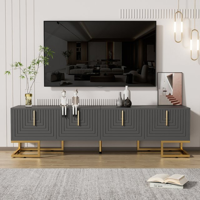 PINGGO TV-Schrank Lowboard in Grau mit strukturierter geometrischer Tür und goldenen Griffen im modernen minimalistischen Stil - Bild 1