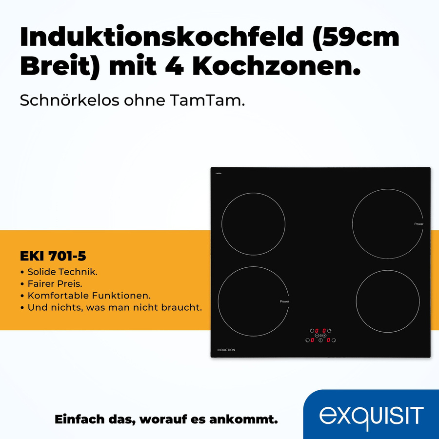 Exquisit EKI 701-5 Induktionskochfeld in Schwarz mit Glaskeramik und Einbaufunktion - Bild 3