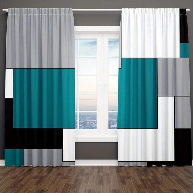 Abstrakte geometrische Vorhänge in Rot und Multicolour, 2er-Set mit Ösen, halbtransparent, Breite: 65 cm, Höhe: 60 cm - Bild 1