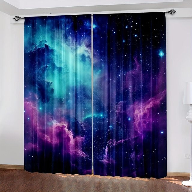 Yiran Furniture Galaxy Shining Stars Vorhänge mit Sternenmuster in Blau, 2er-Set, Breite: 65 cm, Höhe: 60 cm - Bild 1