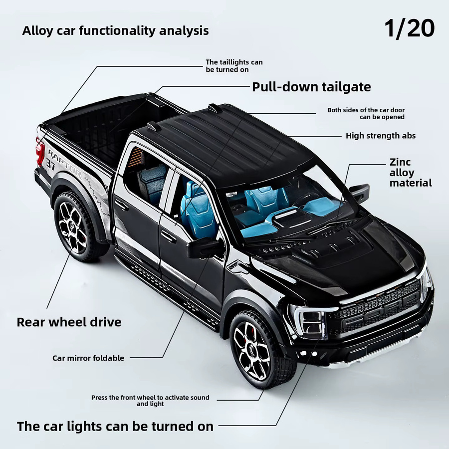 MAKEDA Ford Raptor F150 Automodell, 1:20, Metall, mit Licht und Sound, orange - Bild 3