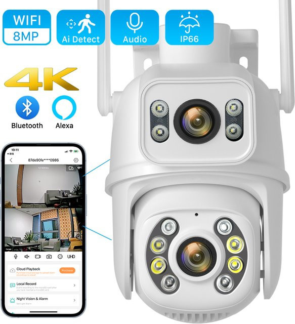 ANBIUX 4K 8MP WiFi-Überwachungskamera mit Dual-Objektiv, 4-fachem Digitalzoom, KI-Menschenerkennung und PTZ-Funktion für den Außenbereich in Weiß - Bild 1