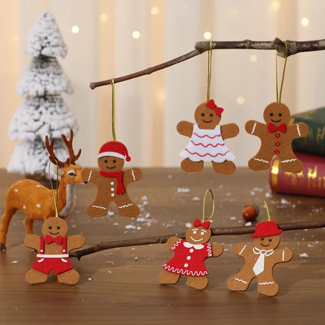 Runtow 6 Stück Weihnachtsbaum-Anhänger aus Vlies in Lebkuchen-Optik, Mehrfarbiger Weihnachtsschmuck für deine Weihnachtsdeko - Bild 1