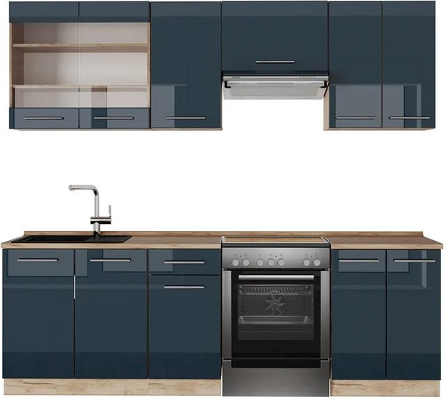 Vicco Küchenzeile Fame-Line Eiche Dunkelblau Hochglanz Breite: 240 cm - Bild 2
