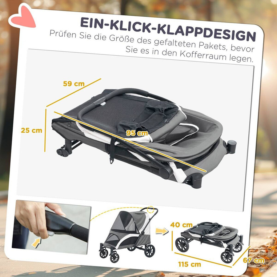 PawHut Hundewagen und Katzenbuggy klappbar für große Hunde und Katzen bis 30 kg, Dunkelgrau, B/H/L: 67 x 100 x 124 cm - Bild 5