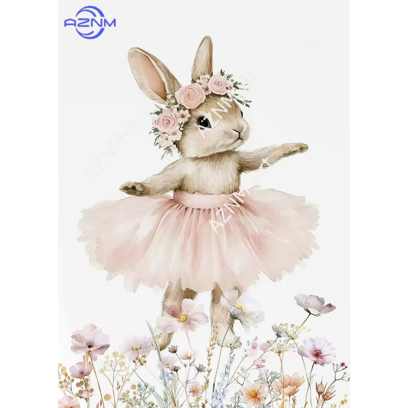 AZNM Hasen-Ballerina Wildblumen Leinwandbild in Rosa und Weiß für das Babyzimmer im Landhausstil - Bild 2