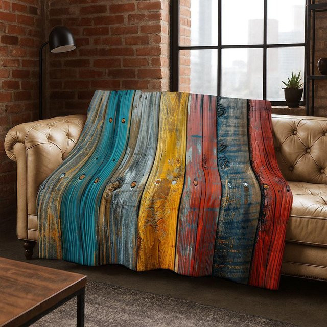 LumiRove Flanell Decke Regenbogen Retro Holzbrett Design, Weiche Überwurfdecke in Schwarzbraun und Mehrfarbig, B/B: 100 x 150 cm - Bild 1