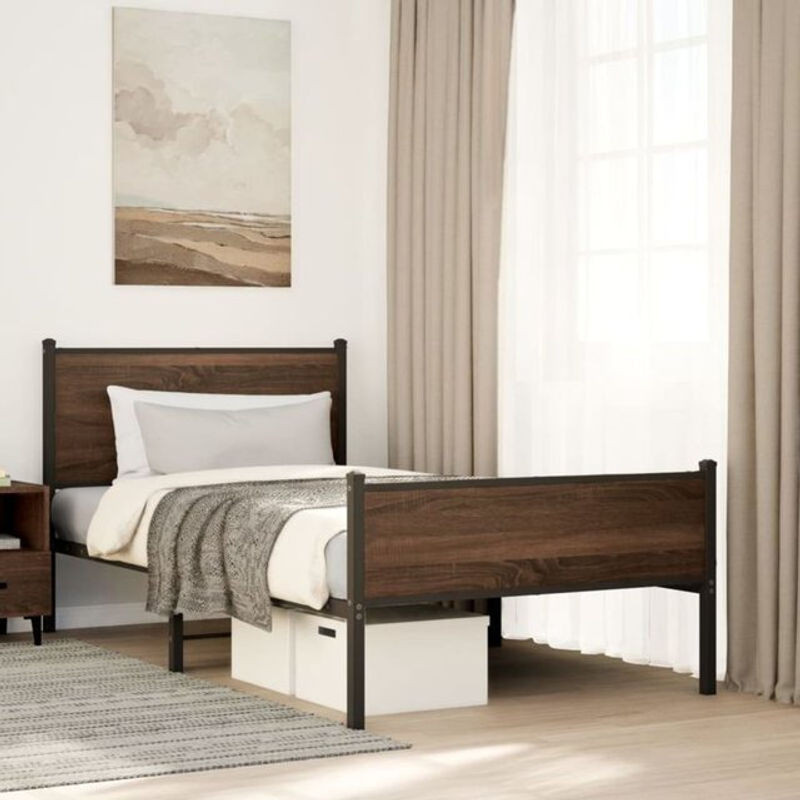 Metallbett Vidaxl in Eichen-Optik Braun und Nussbaum im Industrial-Stil, B/H: 107 x 203 cm - Bild 1