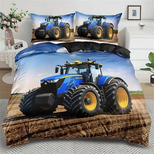Allbestart Bettwäsche Set für Kinder und Teenager mit Auto Traktor Bagger Motiv, Blau, B/H: 180 x 210 cm - Bild 1