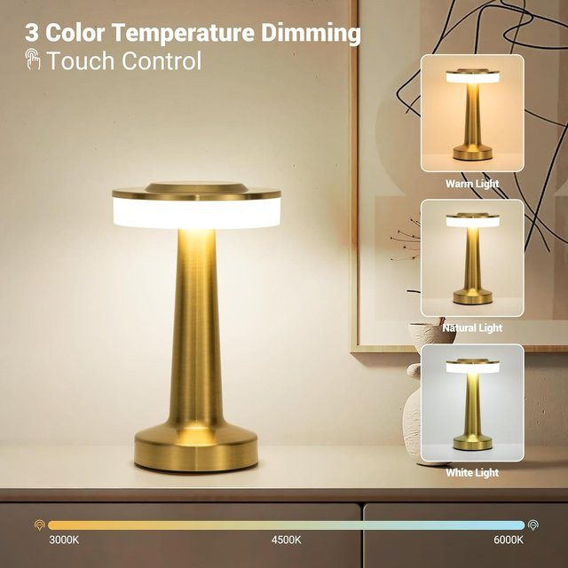 DBF LED-Tischlampe im Retro-Design, Gold/Messing, wiederaufladbar, Touch-dimmbar mit 3 Farbmodi, B/T/H: 20,32 x 12,5 x 12,5 cm - Bild 1