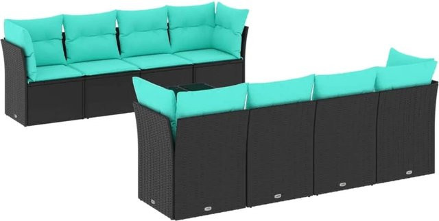 vidaXL 9-teilige Garten-Sofagarnitur aus Polyrattan in Schwarz mit Kissen und Couchtisch für Terrasse und Garten - Bild 1