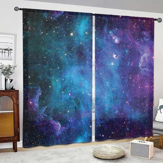 2er Set Moderne Galaxy Vorhänge mit 3D Cosmic Sternen-Druck, halbtransparent, Mehrfarbig, B: 150 cm, H: 166 cm - Bild 1