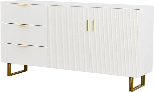 okwish Sideboard für dein Wohnzimmer mit 2 Türen und 3 Schubladen, Weiß Gold, B/T/H: 160 x 40 x 81,5 cm - Bild 1