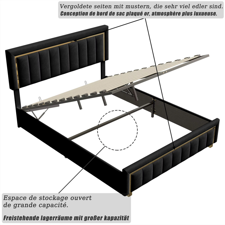 Superaly Polsterbett aus Samt in Schwarz mit hydraulischem Stauraum und Lattenrost, B/T: 160 x 200 cm - Bild 5