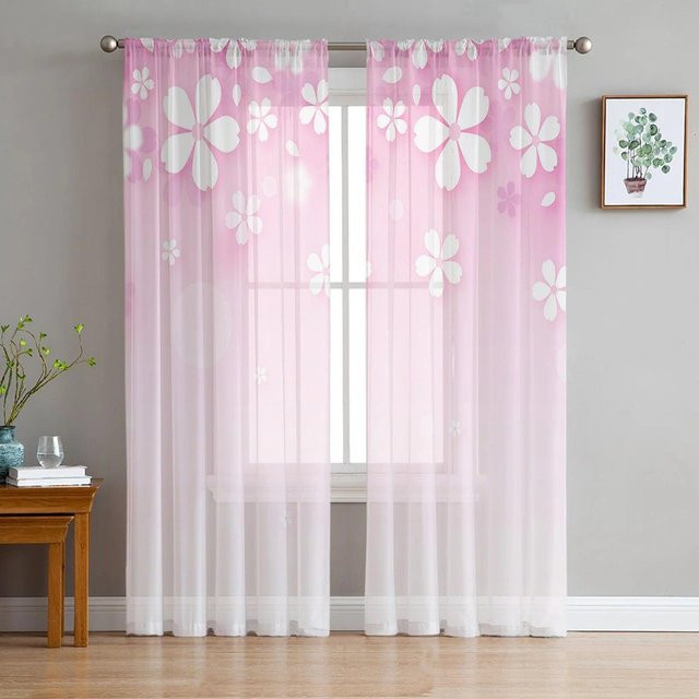 A Family Of Home Textiles Voile-Hängevorhang mit rosa Blumenkirschblüten in Weiß und Pink, transparent, Breite: 135 cm, Höhe: 160 cm - Bild 1
